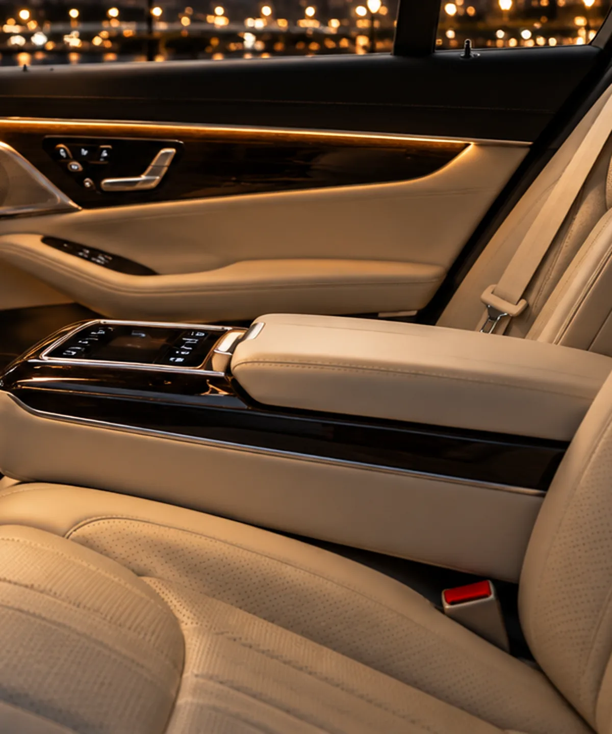 Quilted ivory leather rear seat with a centre armrest and soft ambient lighting